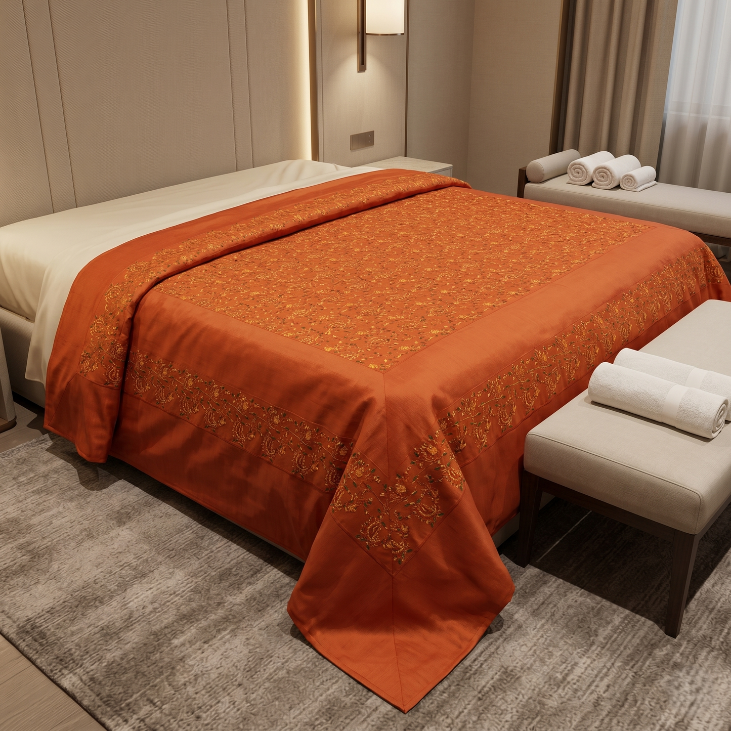 Rust Orange Embroidered Heritage Silk Bedcover