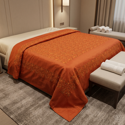 Rust Orange Embroidered Heritage Silk Bedcover