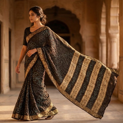 Black Bandhani Silk Saree With Zari