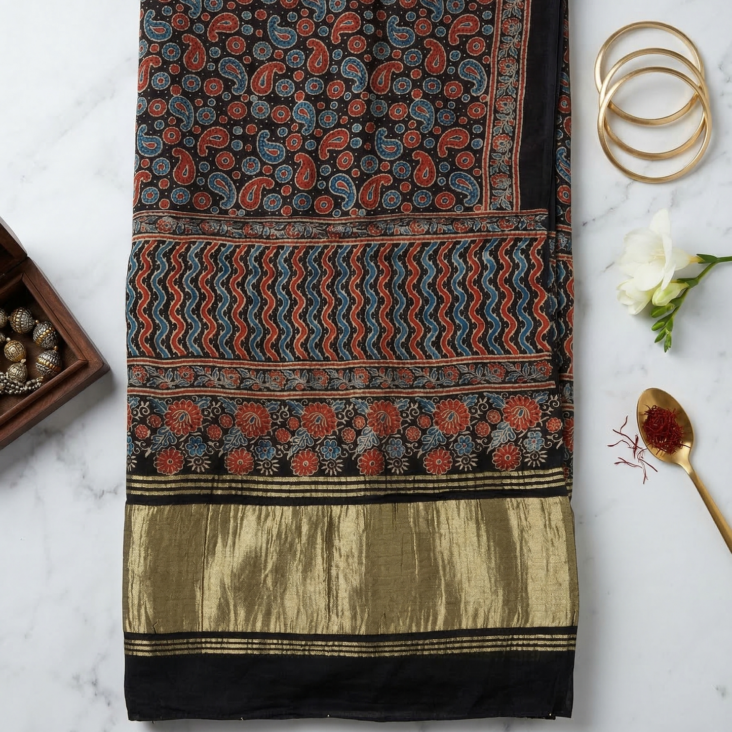 Hand-Block Ajrakh Print Silk Blend Dupatta