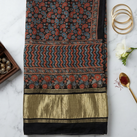 Hand-Block Ajrakh Print Silk Blend Dupatta