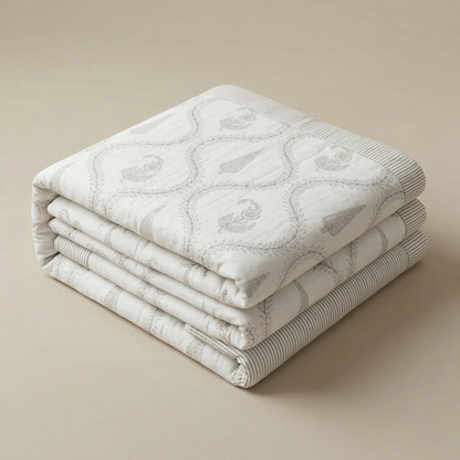 Elegant Neutral Lattice Hand Block Print Quilt