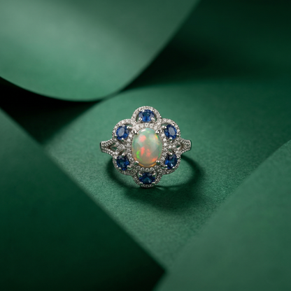 Celestial Floral Opal and Sapphire Ring