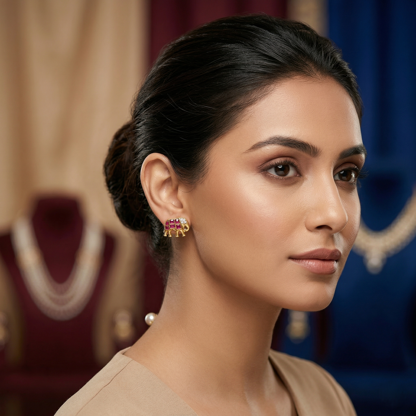 Royal Elephant Ruby Gold Plated Studs