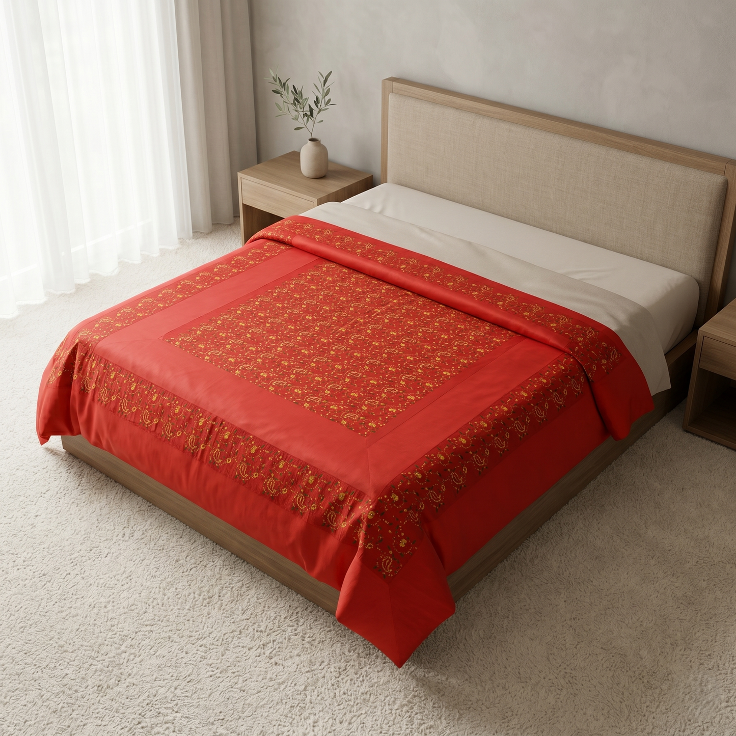 Royal Deep Orange Silk Heritage Floral Bedcover