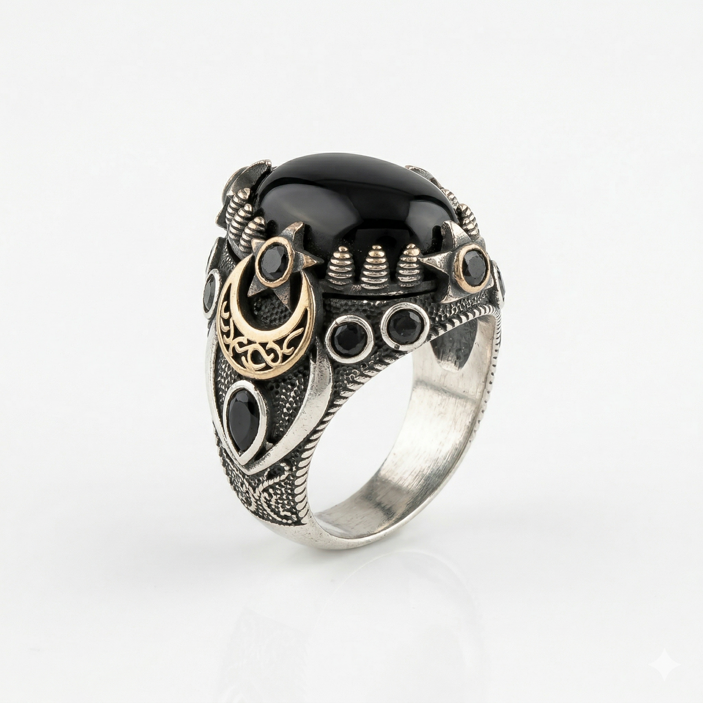 Gothic Crescent Moon Silver Onyx Ring