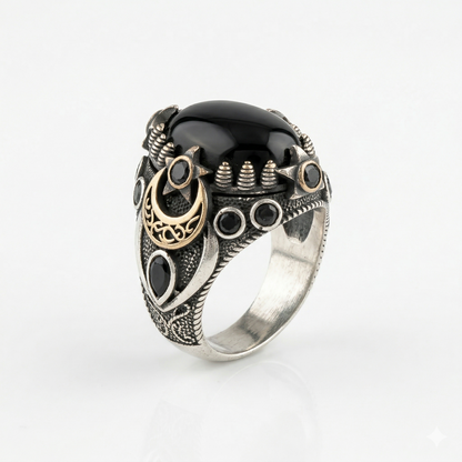 Gothic Crescent Moon Silver Onyx Ring
