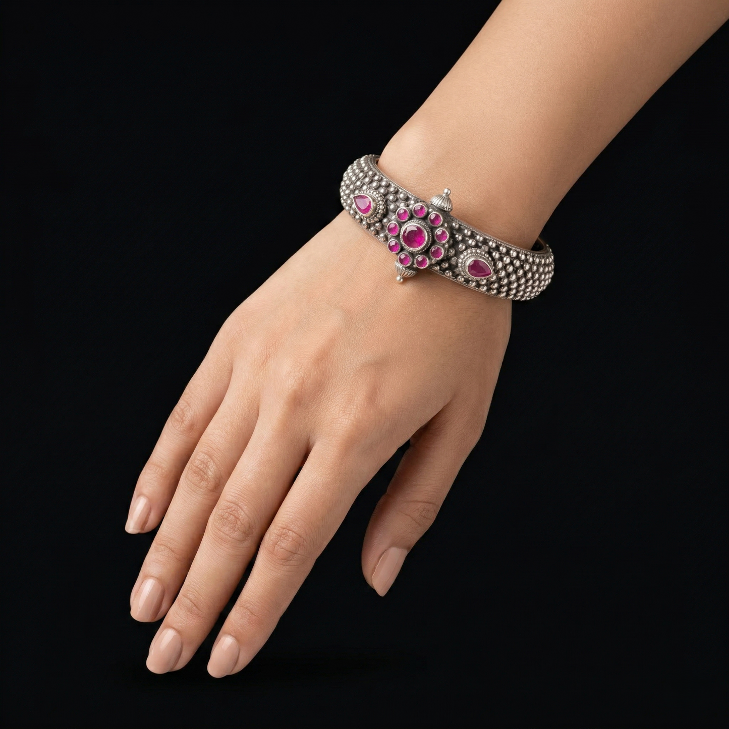 Antique Silver Floral Ruby Kada Bracelet