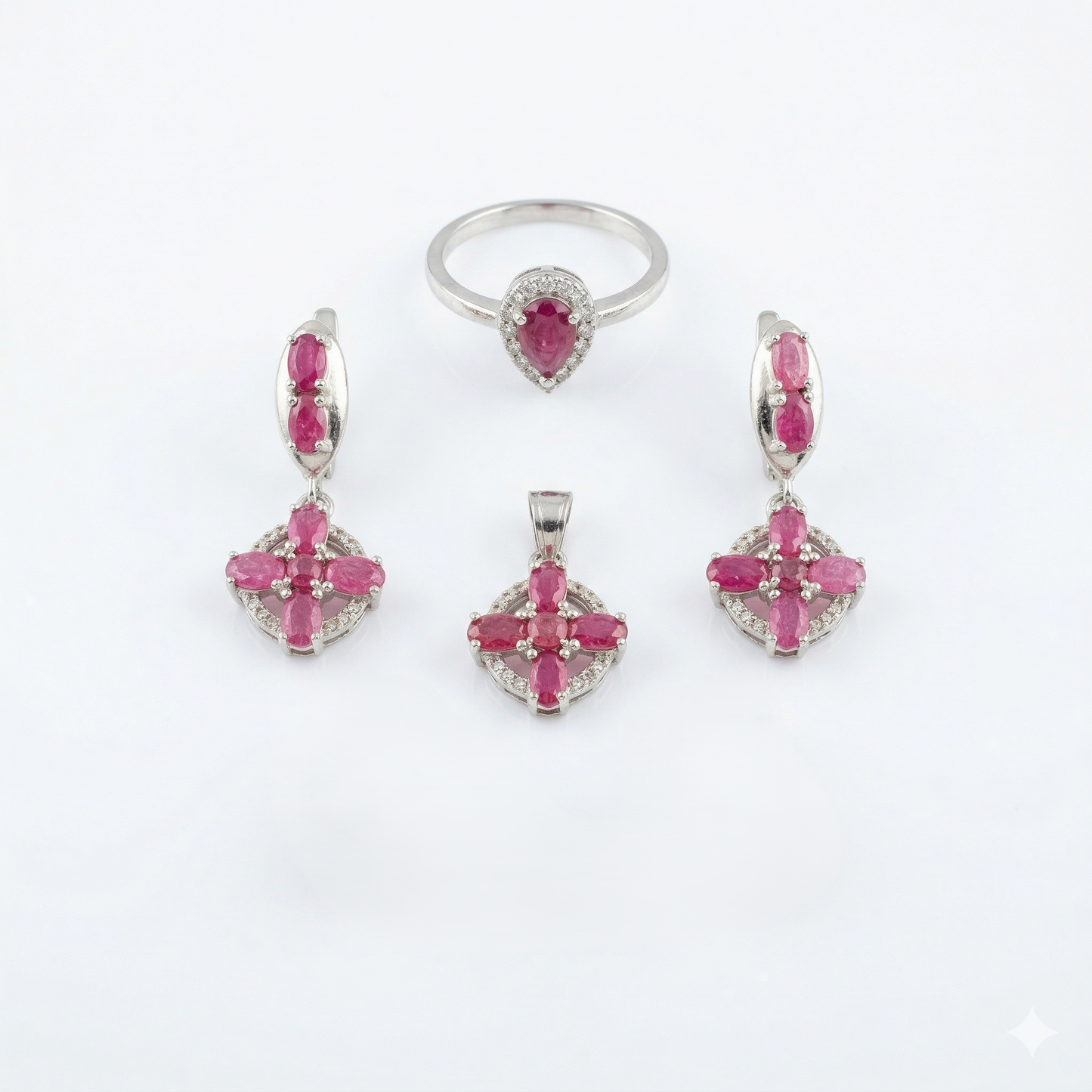 Regal Crimson Bloom Silver Pendant Set