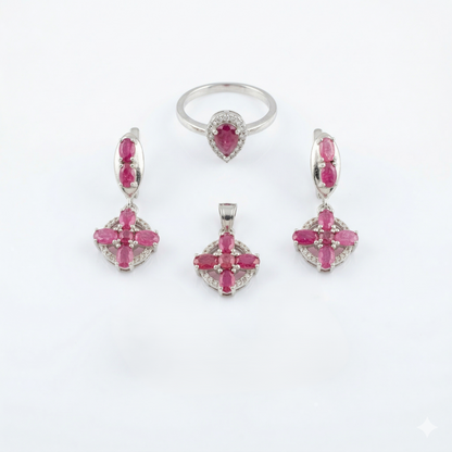 Regal Crimson Bloom Silver Pendant Set