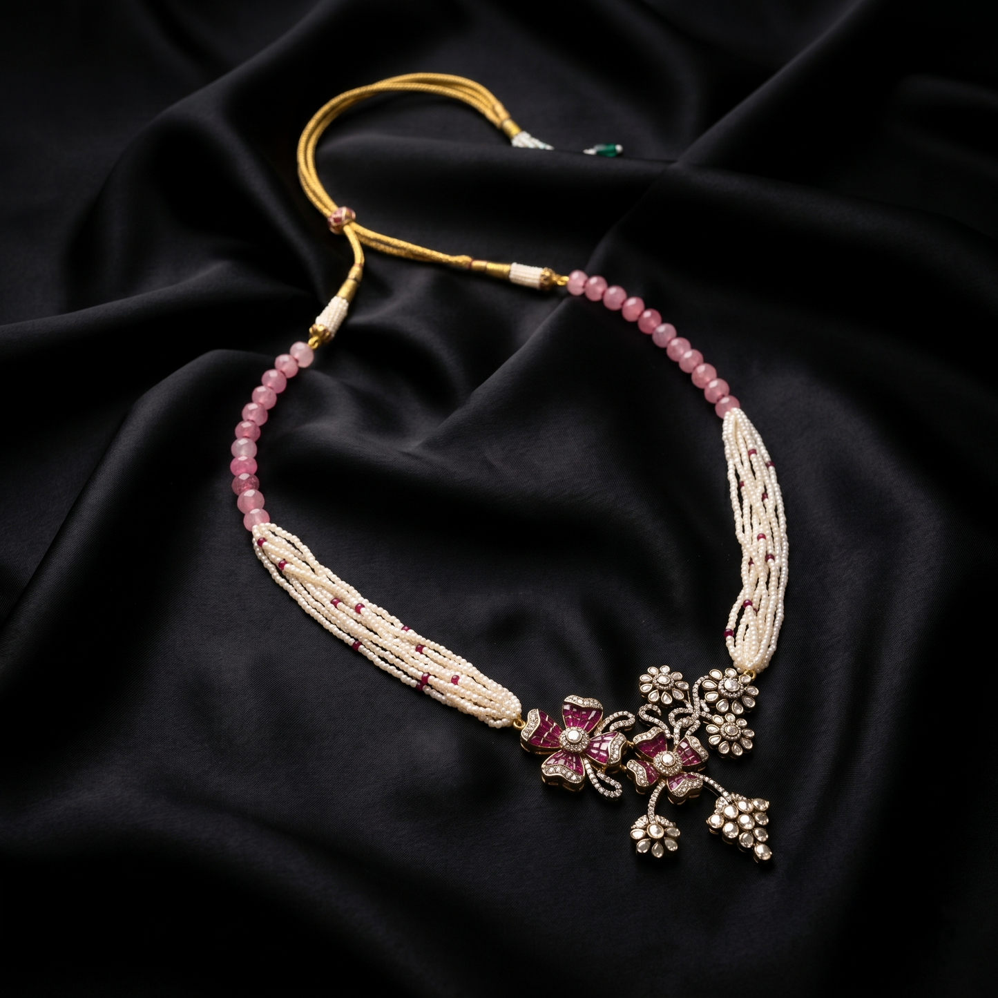 Floral Pearl and Rose Quartz Necklace
