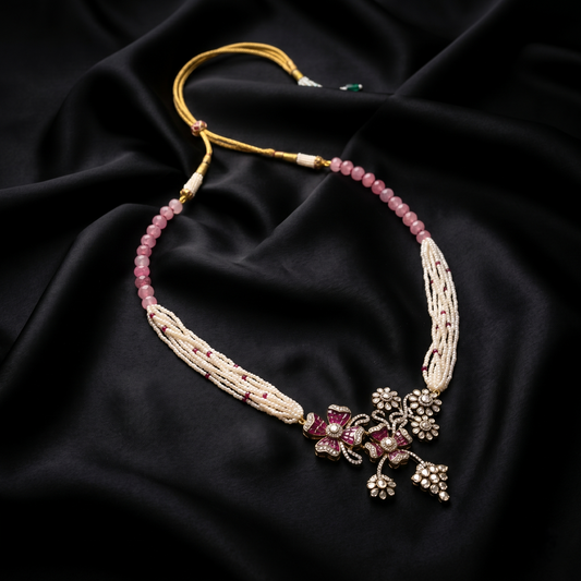 Floral Pearl and Rose Quartz Necklace