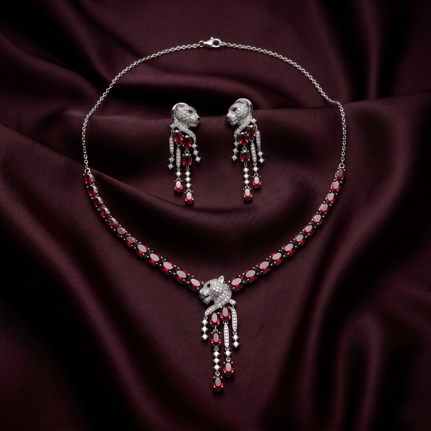 Panther Garnet Cascading Silver Jewelry Set