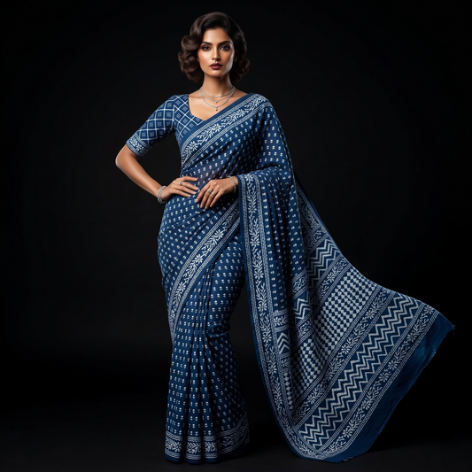Indigo Elegance Block-Printed Cotton Saree