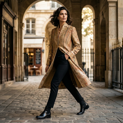 Ornate Paisley Heritage Stand Collar Long Coat