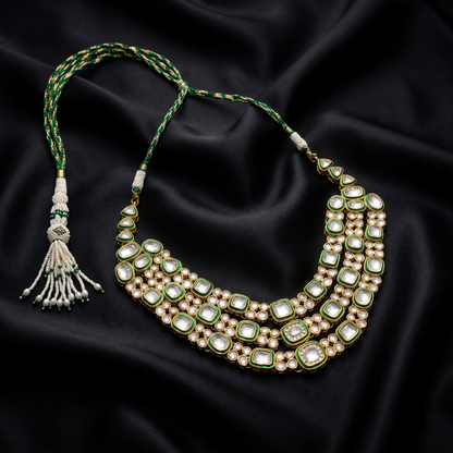 Triple-Layer Kundan Green Enamel Silver Necklace