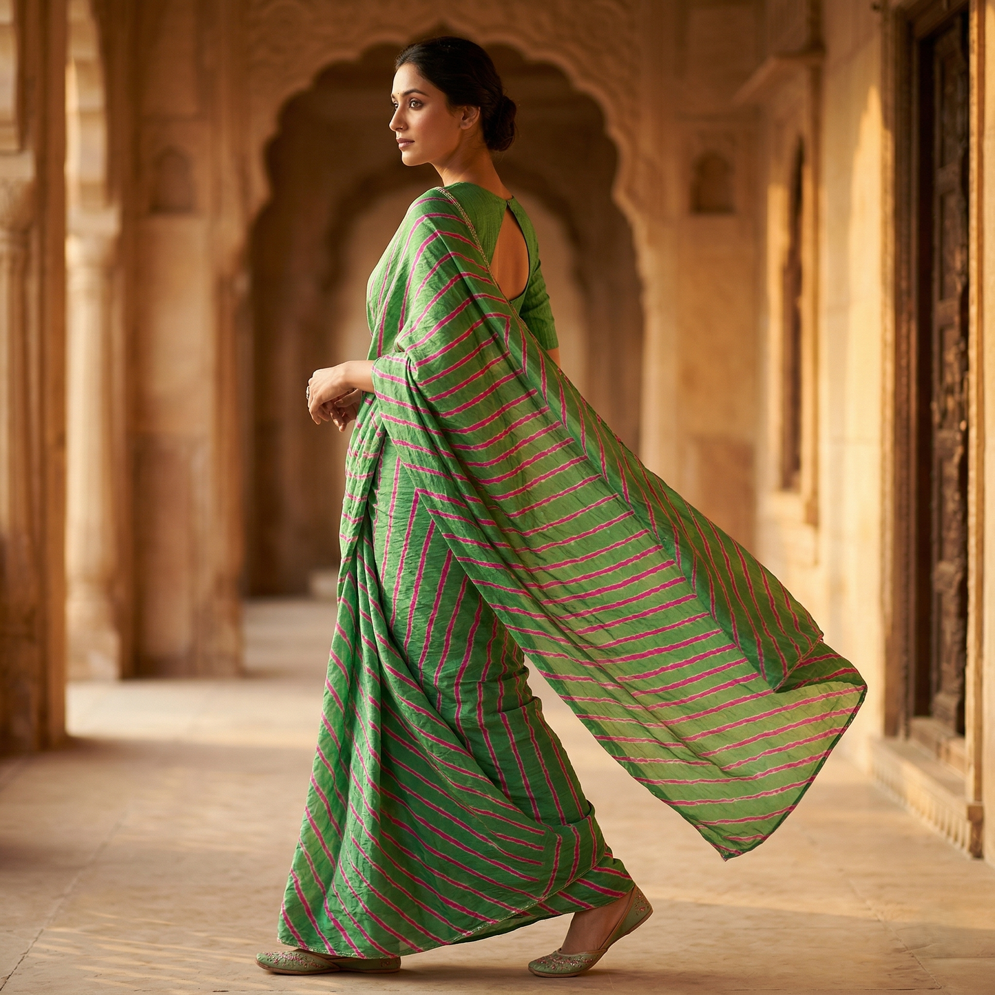 Elegant Green Leheriya Crinkled Silk Saree