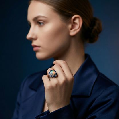 Celestial Floral Opal and Sapphire Ring