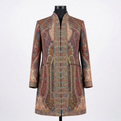 Regal Paisley Stand Collar Tapestry Long Coat
