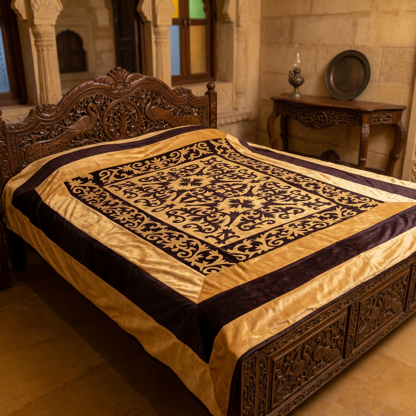 Royal Gold Geometric Luxury Velvet Bedcover