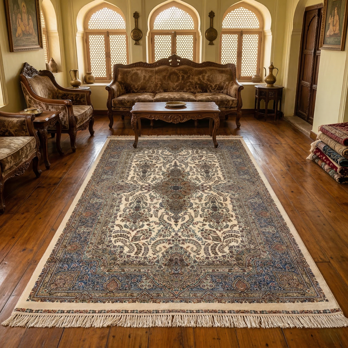 Ornate Cream Medallion Traditional Persian Rug