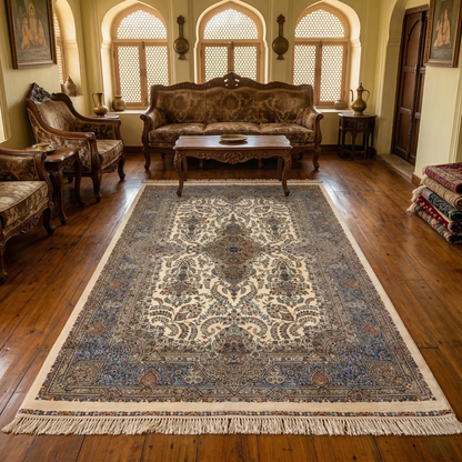 Ornate Cream Medallion Traditional Persian Rug