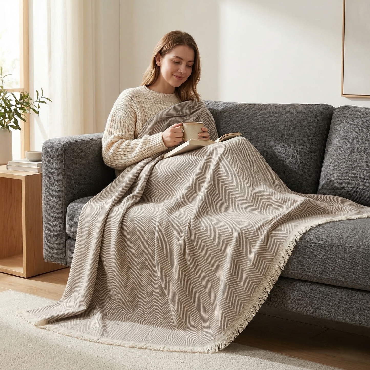 Elegant Sage Herringbone Hand Woven Blanket