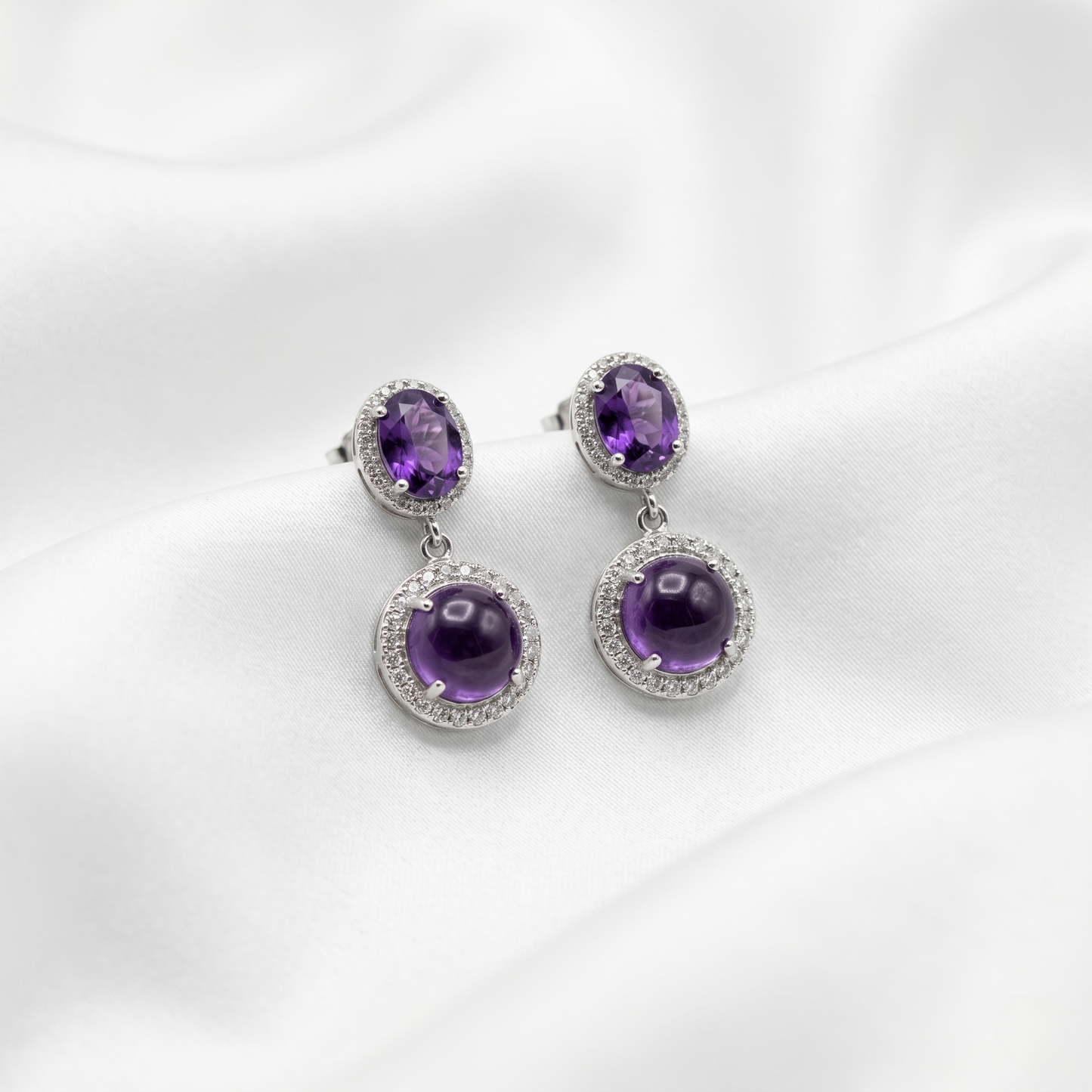 Royal Amethyst Silver Halo Drop Earrings