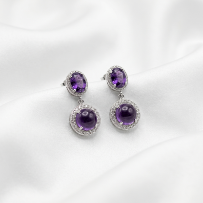 Royal Amethyst Silver Halo Drop Earrings