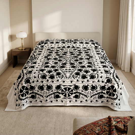 Monochrome Floral Handcrafted Luxury Cotton Bedcover