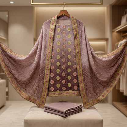 Elegant Mauve Ombre Bandhani Unstitched Suit
