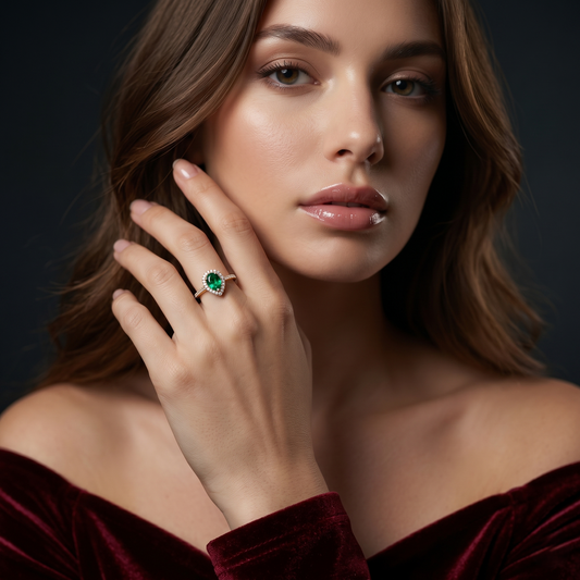 Pear Cut Emerald Gold Halo Ring