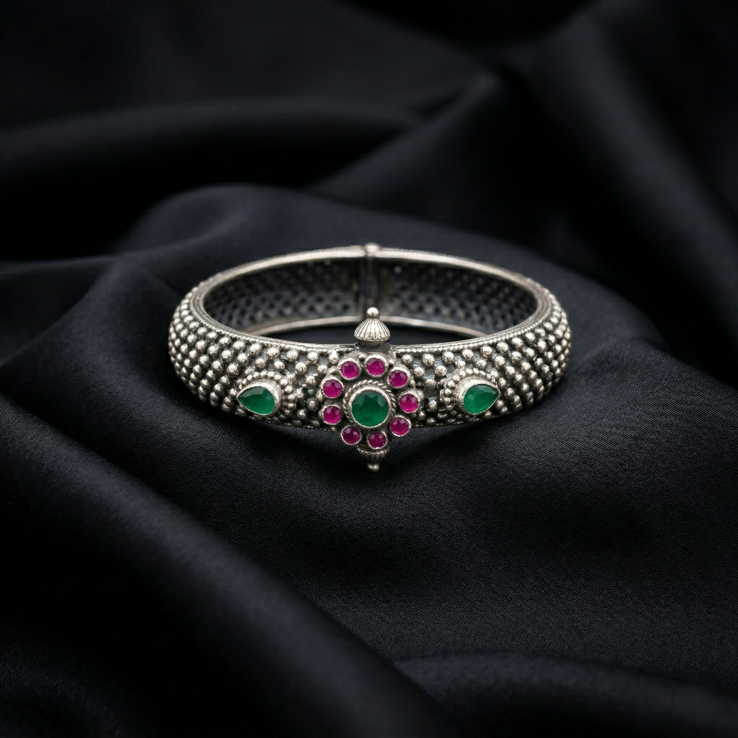 Handcrafted Floral Silver Kada with Gemstones