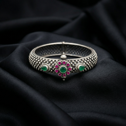 Handcrafted Floral Silver Kada with Gemstones