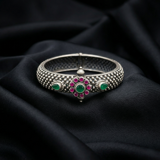 Handcrafted Floral Silver Kada with Gemstones