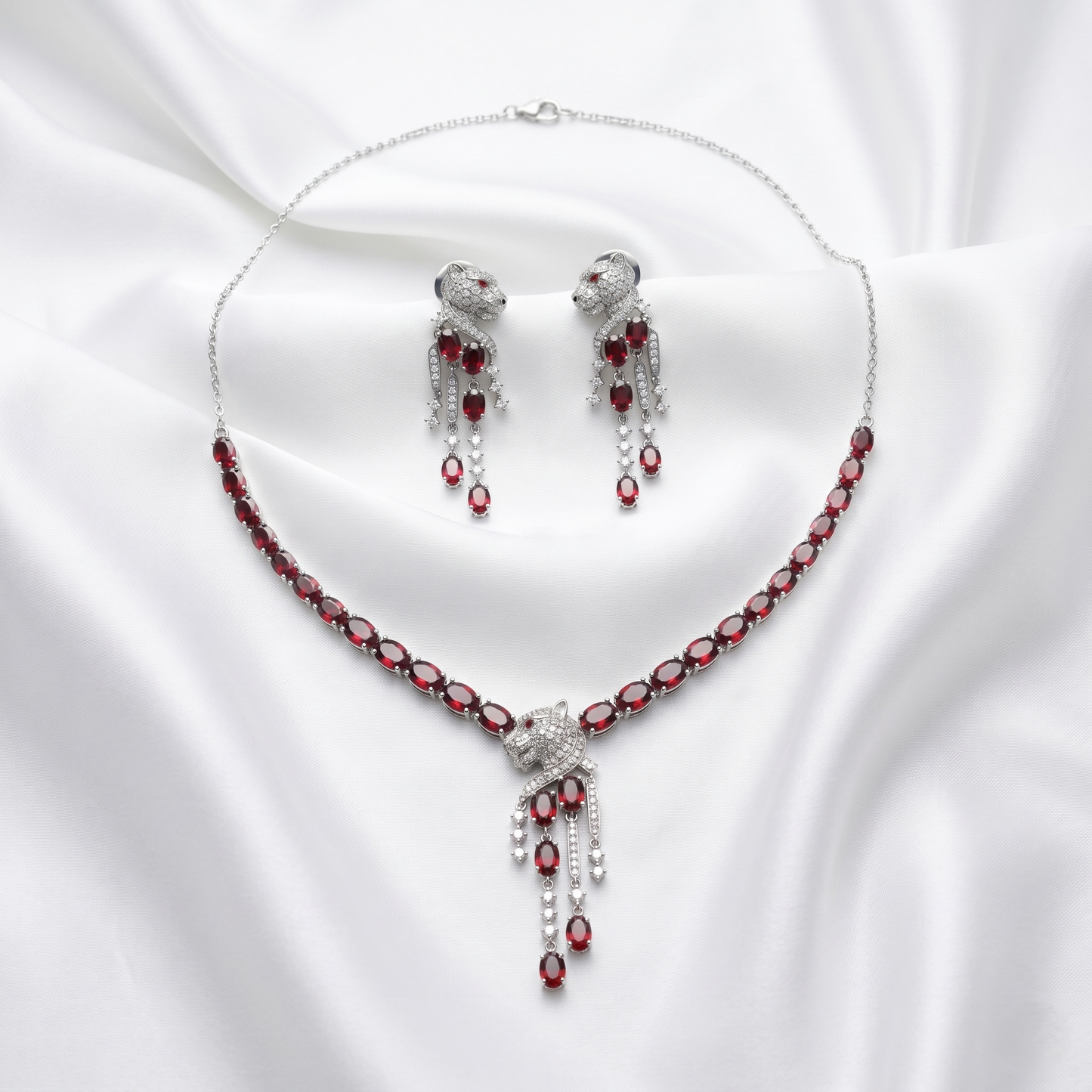 Panther Garnet Cascading Silver Jewelry Set
