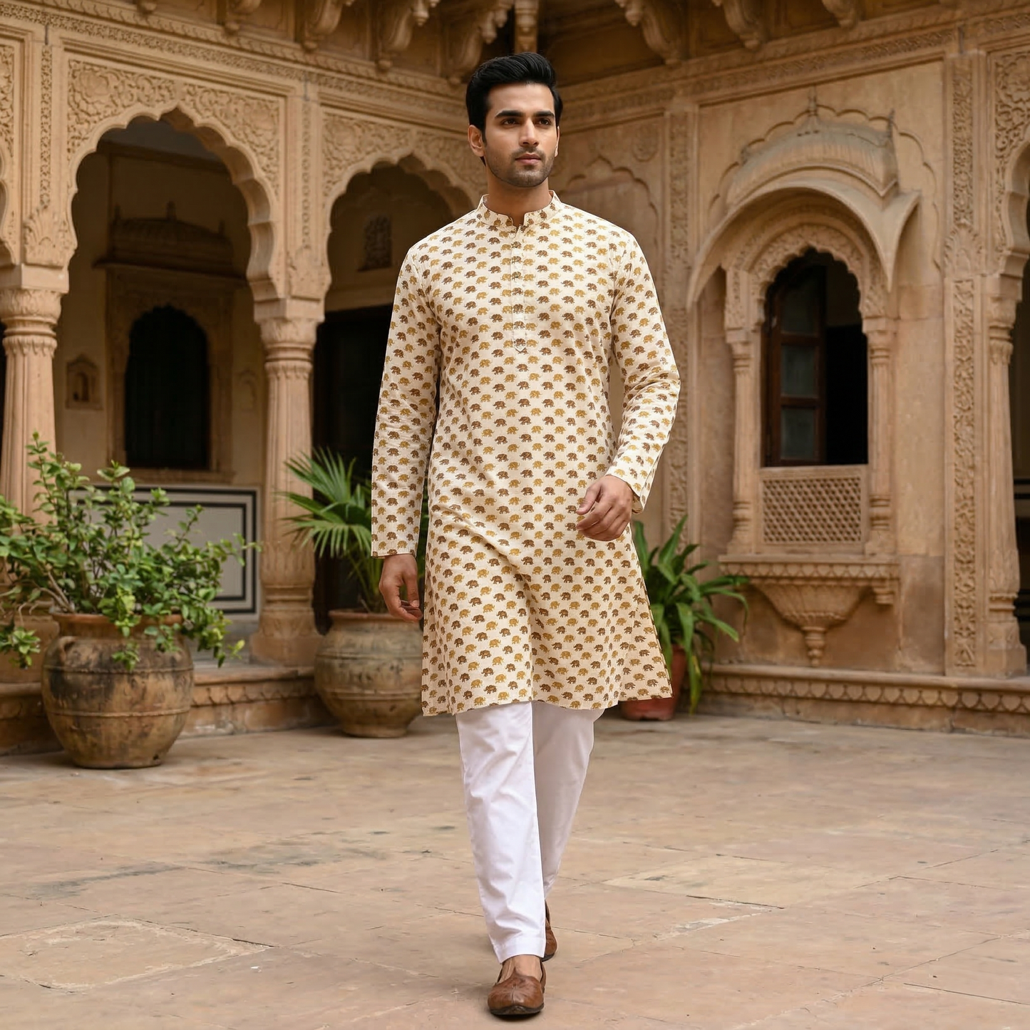Royal Ivory Elephant Block Print Kurta