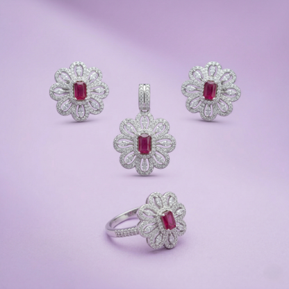 Majestic Ruby Floral Silver Jewelry Set