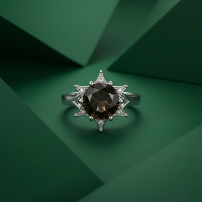 Smoky Starburst Sterling Silver Halo Ring