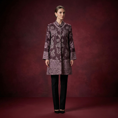 Regal Plum Floral Brocade Nehru Long Coat