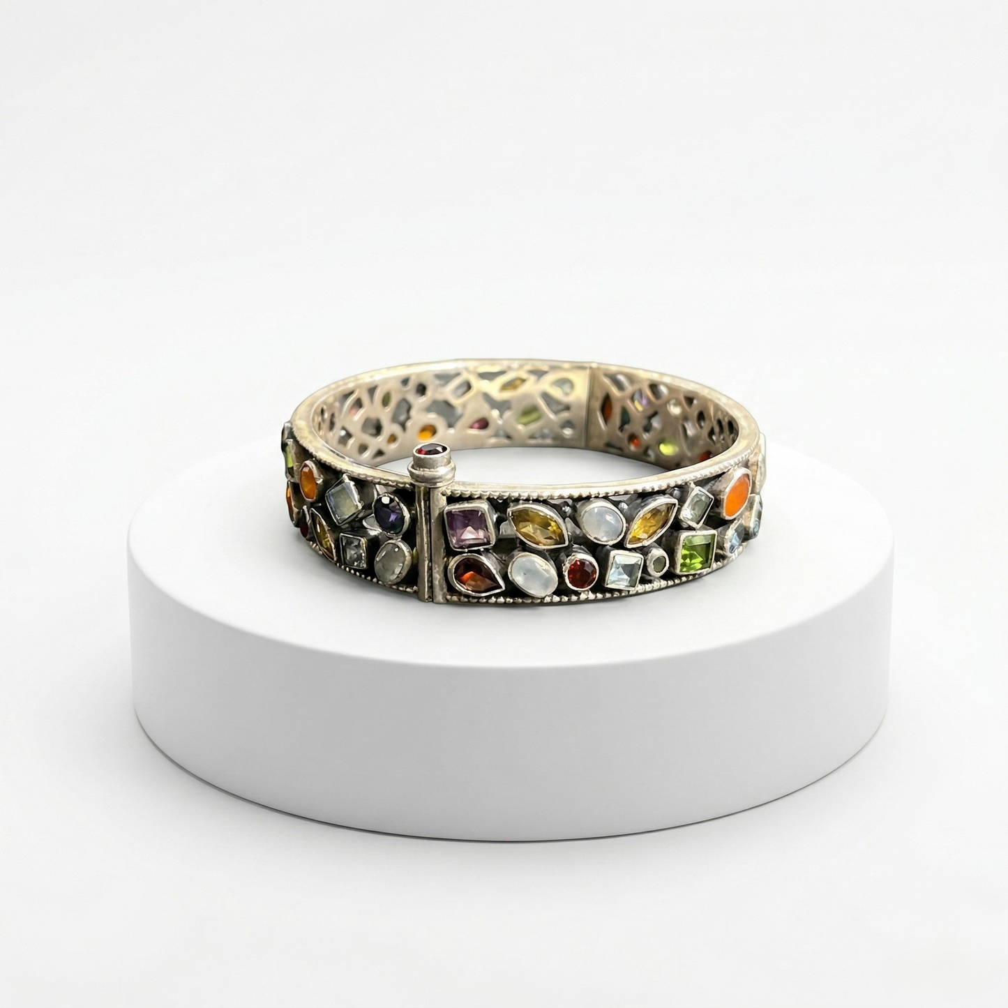 Multi-Gemstone Filigree Silver Kada Bracelet