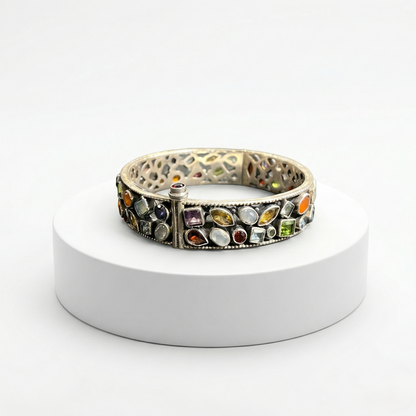 Multi-Gemstone Filigree Silver Kada Bracelet