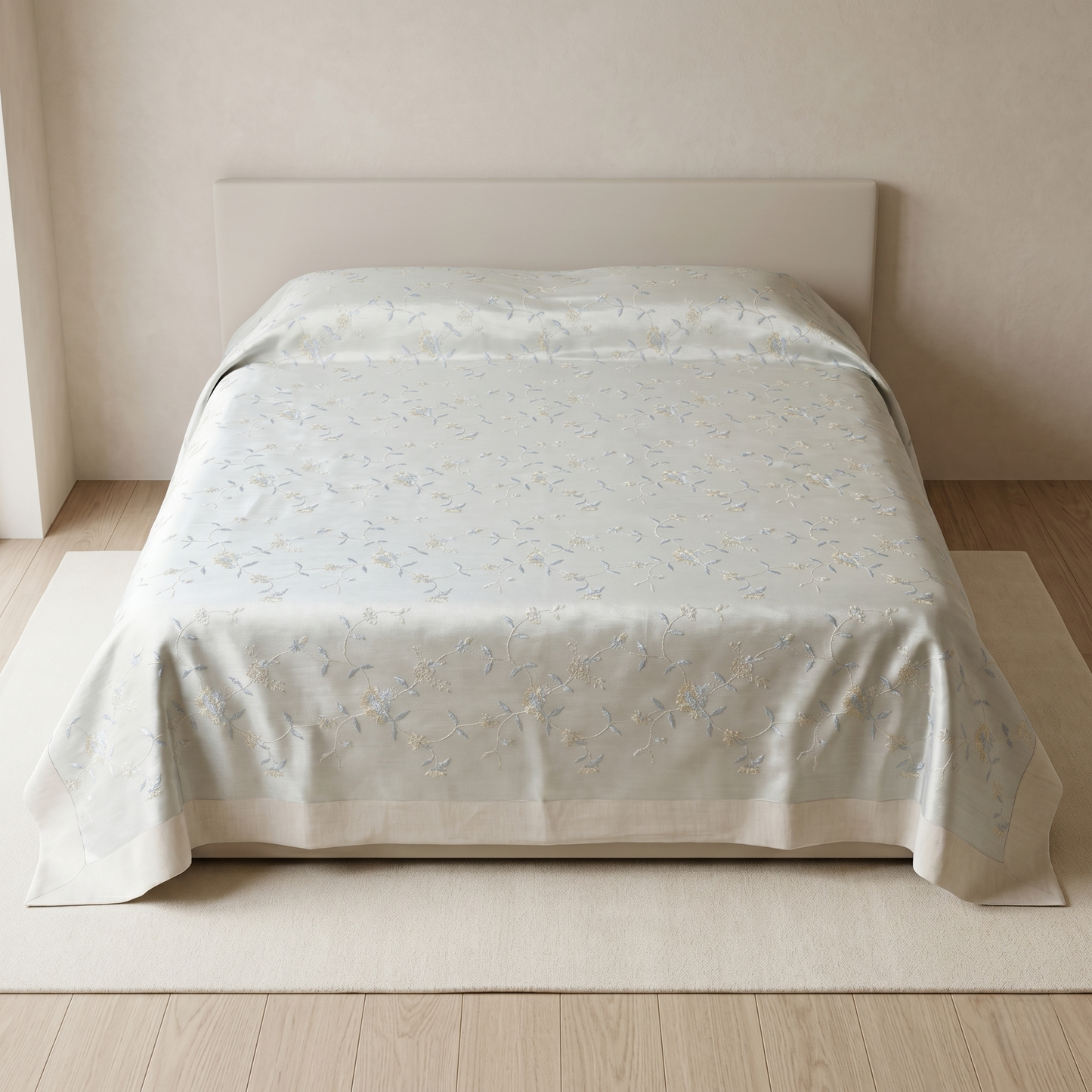 Ivory Chanderi Silk Embroidered Luxury Bedcover