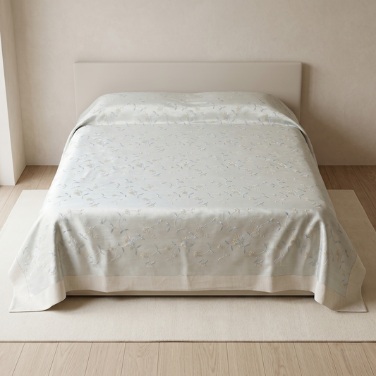 Ivory Chanderi Silk Embroidered Luxury Bedcover