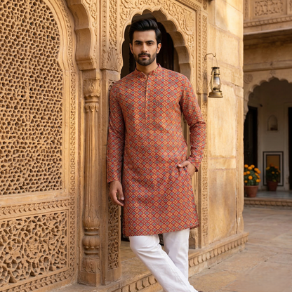 Regal Rust Geometric Print Men's Kurta