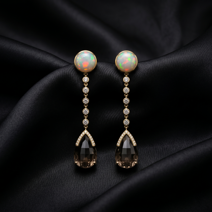 Opal and Smoky Quartz Drop Earrings