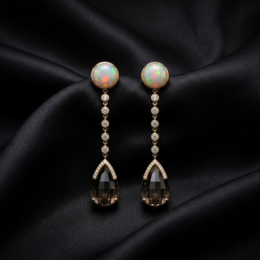Opal and Smoky Quartz Drop Earrings