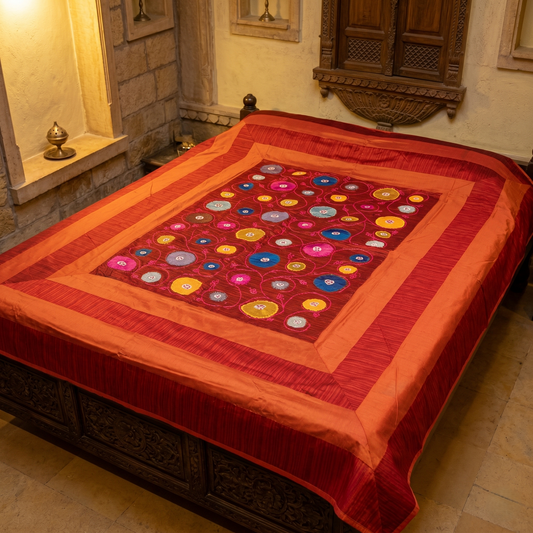 Embroidered Floral Medallion Luxury Silk Bedcover
