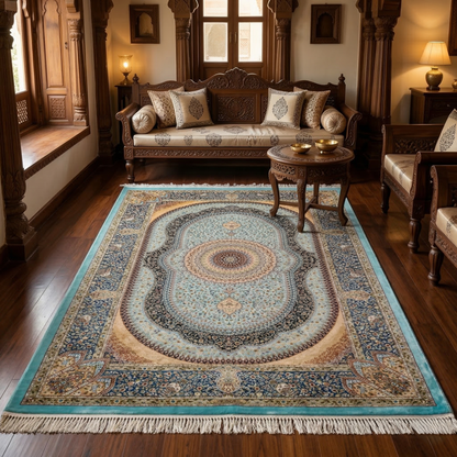 Royal Turquoise Medallion Hand Knotted Silk Rug