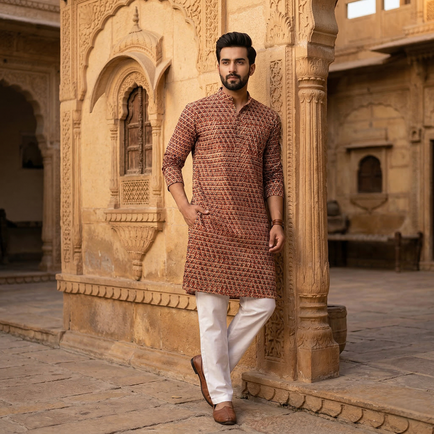 Elegant Ajrakh Print Cotton Long Kurta